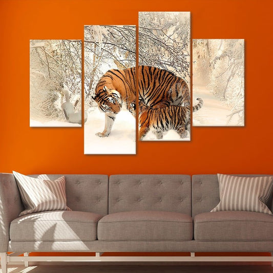 Tiger family — modern canvas wall art in warm brown and white palette, perfect for nature lovers and rustic-style home décor.