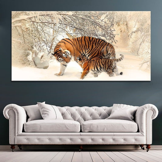 Siberian tiger with cub — large canvas wall art for living room, blending wildlife elegance and nature-inspired strength in soft tones.