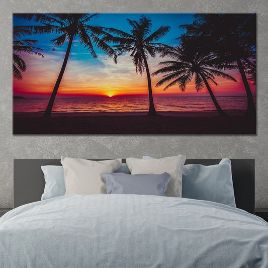 Tropical beach sunset large canvas wall art—deep blue and fiery hues, perfect for living room or modern coastal home decor