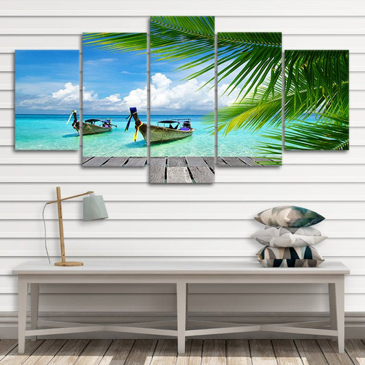 Blue ocean paradise — large canvas wall art featuring palm trees and calm waves, perfect for peaceful bedroom wall decor