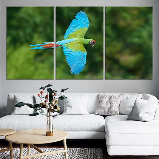 Colorful macaw in bright tropical tones — large canvas art ideal for bedroom wall art, bringing an energizing and refreshing mood to the space.