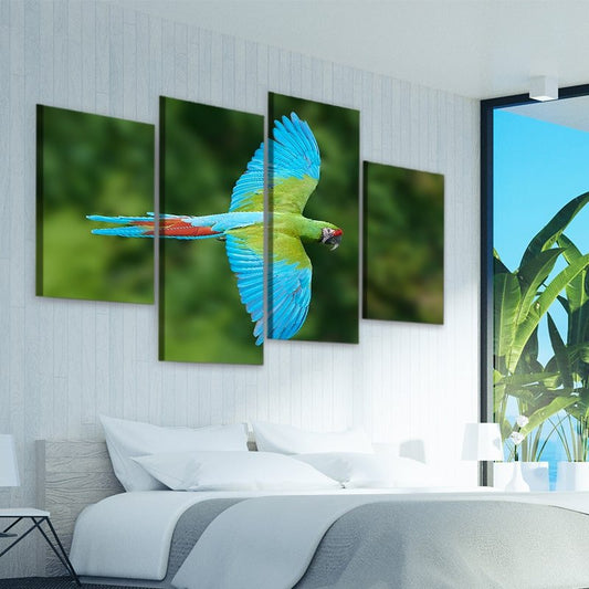 Tropical parrot soaring in lush greens — canvas wall art for living room décor, adding an uplifting and vibrant accent to modern home styling.