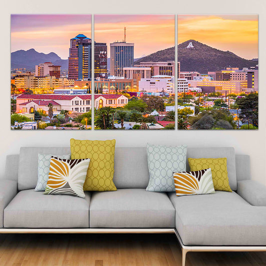 Tucson skyline at sunset canvas wall art for living room — warm desert tones create a calming and modern southwestern decor.