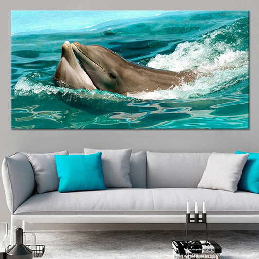 Kissing dolphins — coastal canvas print for living room, featuring turquoise sea tones and romantic marine vibe for beach house décor.