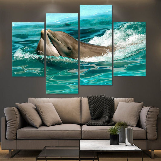 Two dolphins swimming — modern canvas wall art in ocean blue hues, perfect for seaside bedroom or coastal-inspired living room.