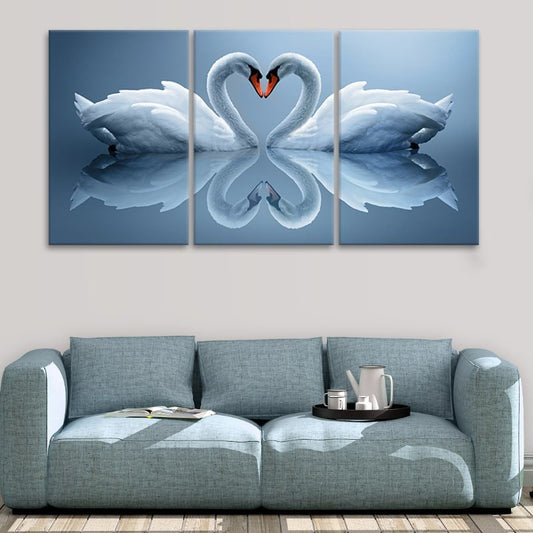Elegant swans forming a heart — modern canvas wall art for bedroom, creating a calming and romantic atmosphere.