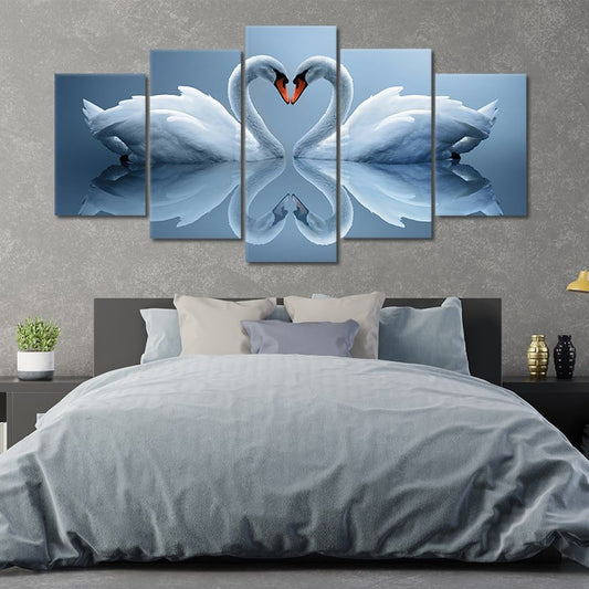 Two swans in love on serene blue tones — large canvas wall art for peaceful living room or wedding gift.