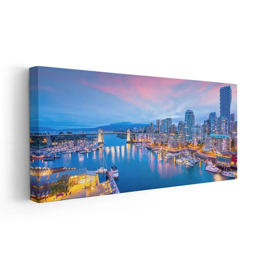British Columbia cityscape — modern canvas wall art showcasing Vancouver skyline lights, perfect for stylish bedroom decor.
