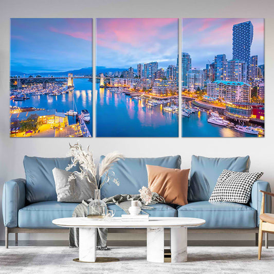 Vancouver skyline at sunset — large canvas wall art with pink and blue reflections for living room or modern home decor.