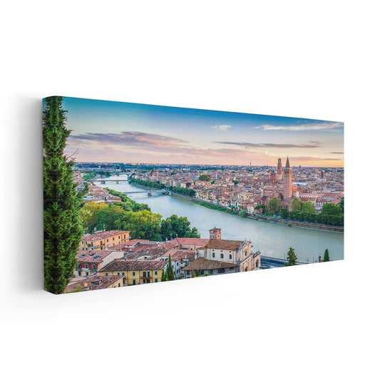 Sunset over Verona cityscape — modern canvas wall art, warm golden tones with river reflections for peaceful and stylish décor.