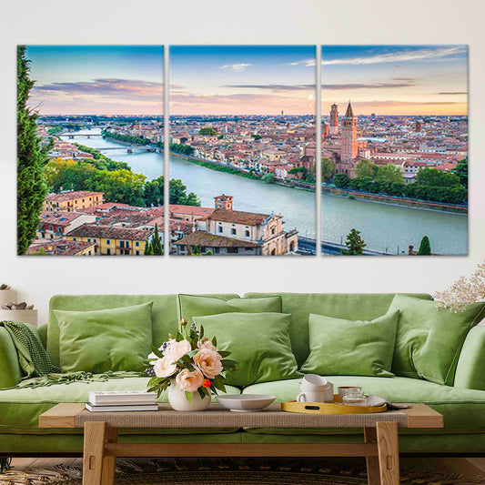 Verona Italy skyline view large canvas wall art for living room adds romantic European charm and modern Mediterranean elegance.