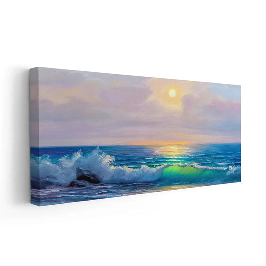 Ocean sunset waves — coastal canvas print for living room, warm orange and soft blue hues bring peaceful coastal charm to your space.
