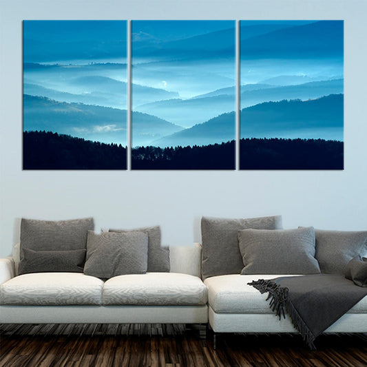 Minimalist blue mountain landscape — large canvas wall art, cool gradient tones creating a serene palette that elevates modern bedroom decor.
