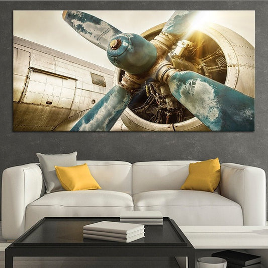 Metallic aircraft propeller design — large canvas wall art, perfect for aviation-themed man cave or study decor.