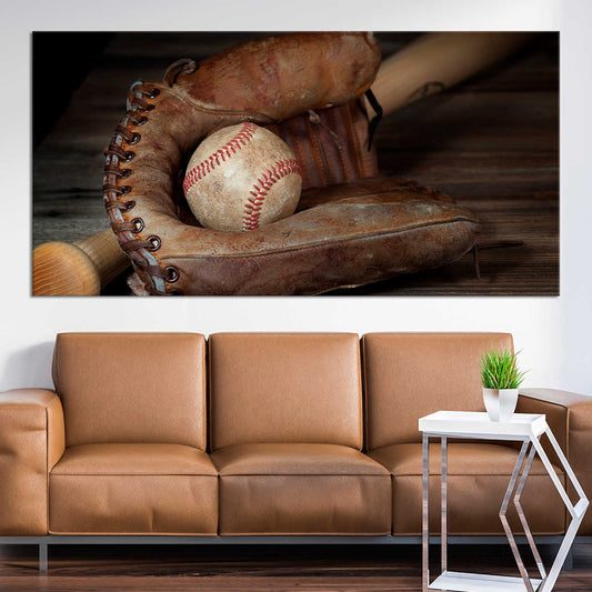 Vintage leather baseball mitt canvas wall art for living room décor, adding inspiring rustic charm to a warm sports-themed home space
