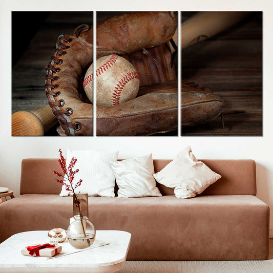 Rustic baseball glove and ball — large canvas wall art in warm brown tones, perfect for bedroom décor with calming vintage sports style
