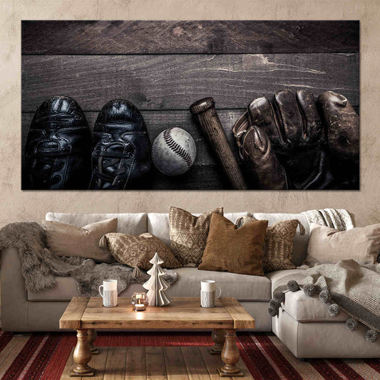 Rustic baseball glove and bat — large canvas wall art in warm tones, perfect for bedroom décor with calming vintage sports character