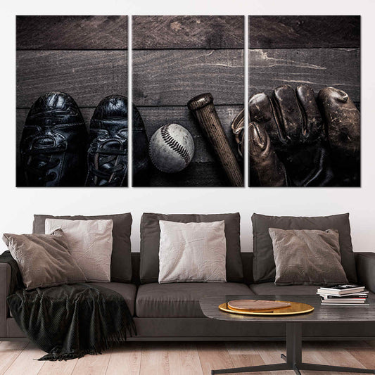 Vintage baseball equipment canvas wall art for living room décor, adding rustic charm and inspiring nostalgia to sporty home spaces