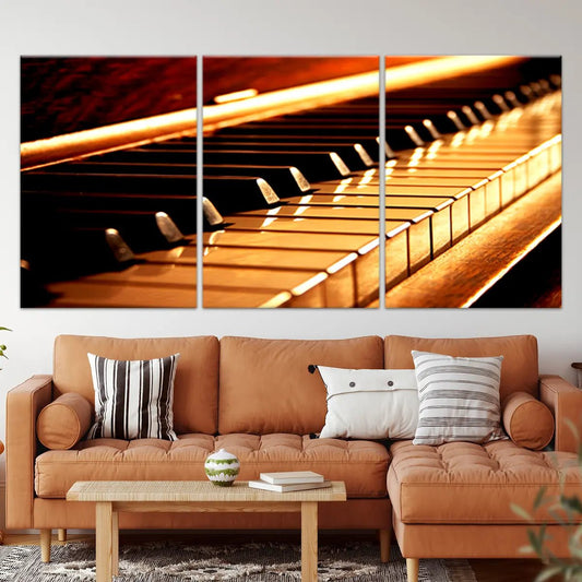 Classic piano keyboard in modern style — large canvas wall art, rich golden tones and smooth highlights for calming decor