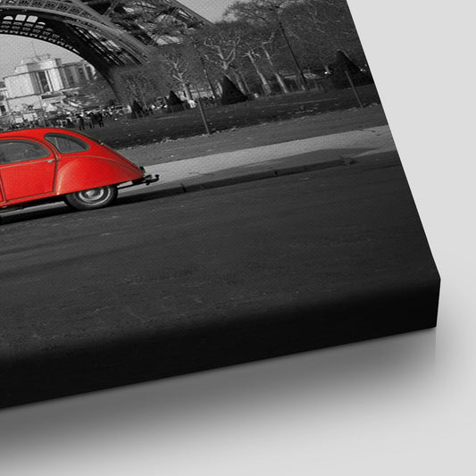 Vintage Paris street view — modern canvas wall art, Eiffel Tower and red car contrast beautifully for chic European home décor.
