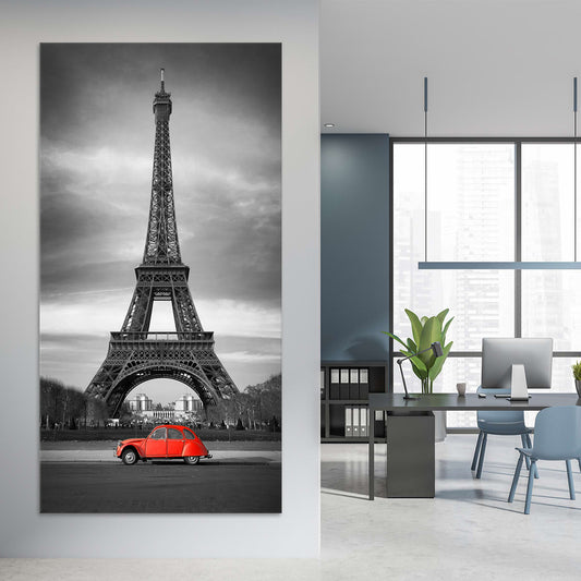 Eiffel Tower with red car — large canvas wall art for living room, elegant black and white Paris scene adds timeless sophistication.