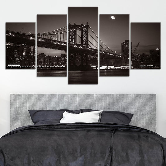 Brooklyn Bridge night scene — large canvas wall art for bedroom showcasing peaceful monochrome tones and minimalist modern charm.