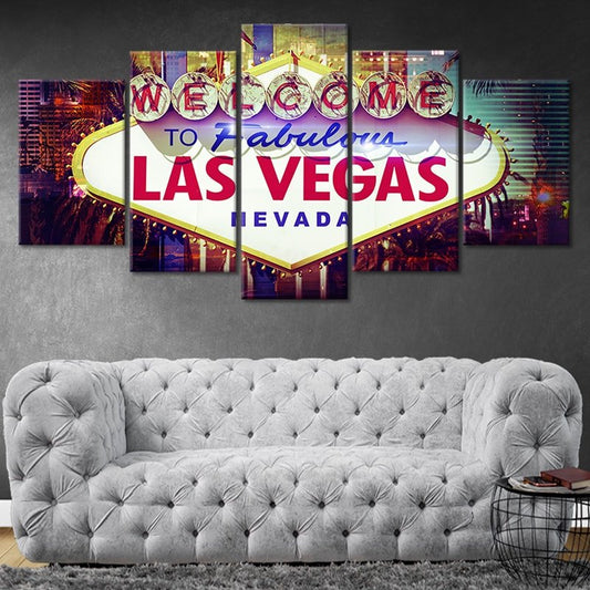 Las Vegas skyline at night — large canvas wall art for bedroom featuring inspiring neon tones and glamorous modern city design.