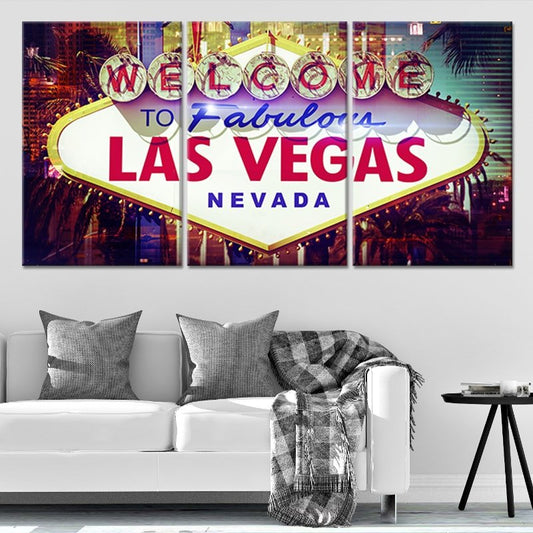 Welcome to Fabulous Las Vegas sign — modern canvas wall art for living room adding uplifting city lights and vibrant home décor.