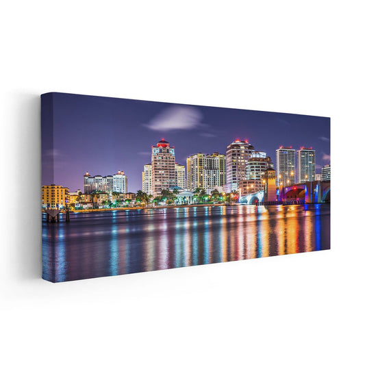 Colorful waterfront skyline — modern canvas wall art featuring Palm Beach lights, peaceful and inspiring addition for bedroom décor.