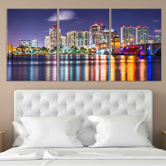 West Palm Beach skyline at night — large canvas wall art with city lights reflection, elegant modern décor for living room walls.