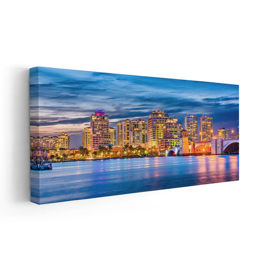 Florida cityscape — modern canvas wall art with vibrant West Palm Beach lights, perfect for stylish bedroom decor.