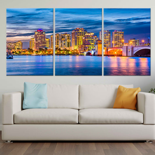 West Palm Beach skyline at dusk — large canvas wall art for living room, warm reflections creating peaceful coastal mood.
