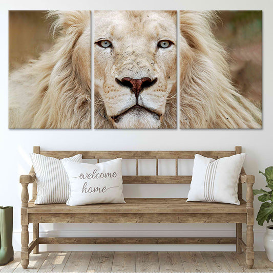 Majestic white lion portrait — canvas wall art for living room décor, adding a calming wildlife presence and elegant natural detail to modern homes.