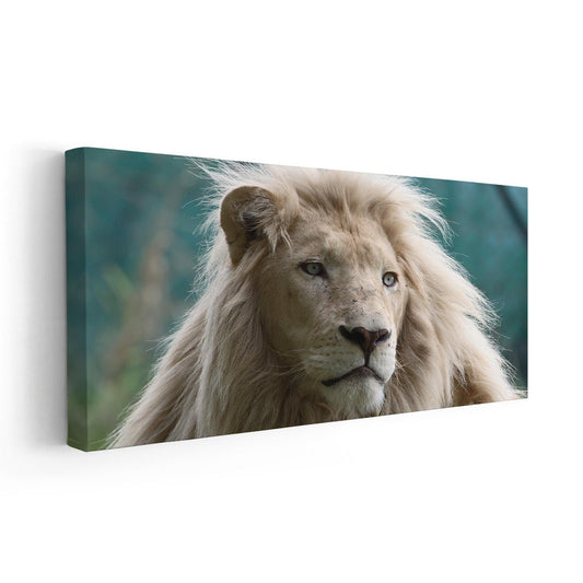 Serene lion portrait with pale mane — large canvas wall art ideal for a calming bedroom atmosphere and modern African-inspired styling.