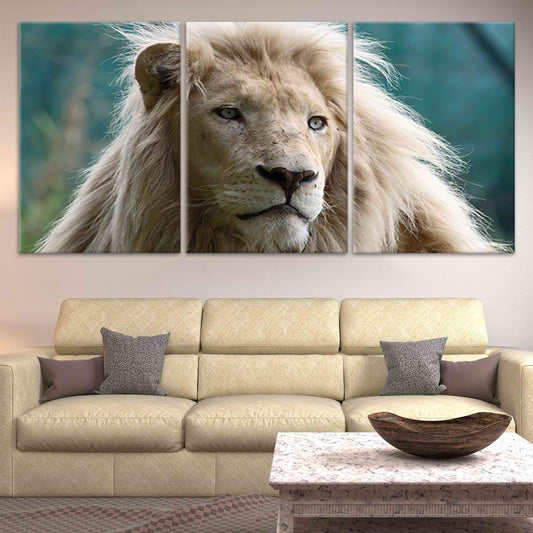 Majestic white lion in soft natural tones — canvas wall art perfect for living room décor, adding a peaceful and elegant wildlife presence.