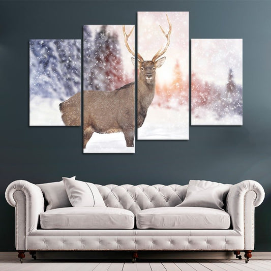 Deer in snowy landscape — large canvas wall art, soft pastel tones creating a serene and uplifting atmosphere in any modern space.