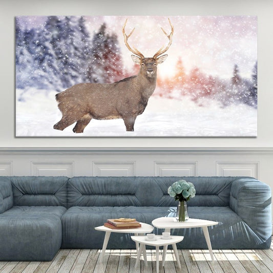 White tail deer — modern canvas wall art for living room, peaceful winter forest scene adding natural beauty to rustic home décor.