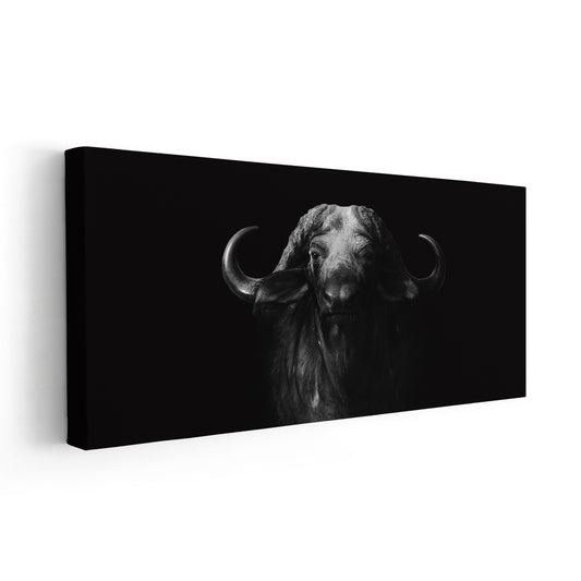 Majestic buffalo portrait — modern canvas wall art, monochrome palette creating elegant rustic vibe for farmhouse or urban décor.