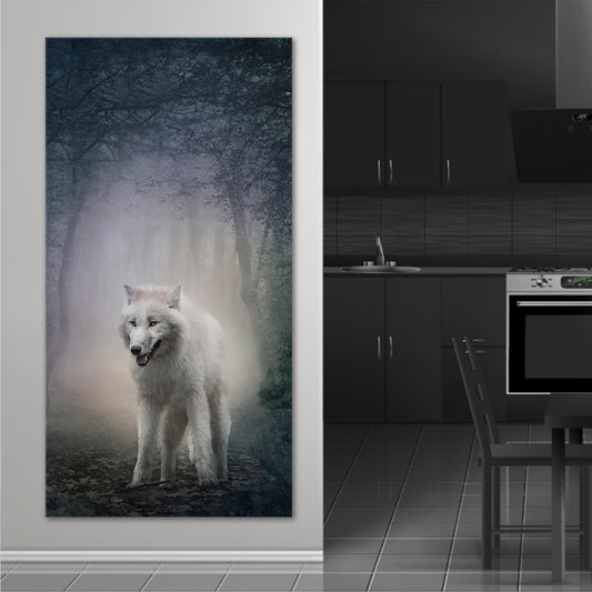 White wolf standing in a dark forest — canvas wall art for a modern living room, adding a mystical and calming wildlife atmosphere to the space.