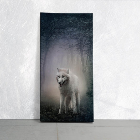 Lone wolf in misty blue tones — large canvas wall art ideal for bedroom décor, bringing a peaceful and grounding ambiance to nature-themed rooms.