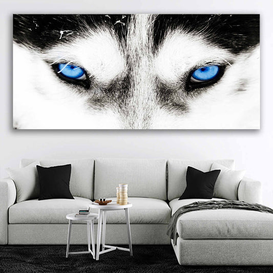 Blue eyed wolf — modern canvas wall art for living room, symbolizing strength, focus, and mystery in a minimalist design.