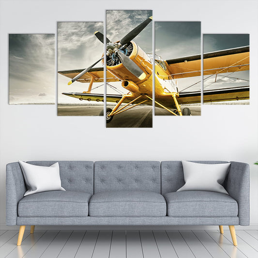 Classic yellow airplane — large canvas wall art with retro tones, ideal for office or aviation-themed home decor.