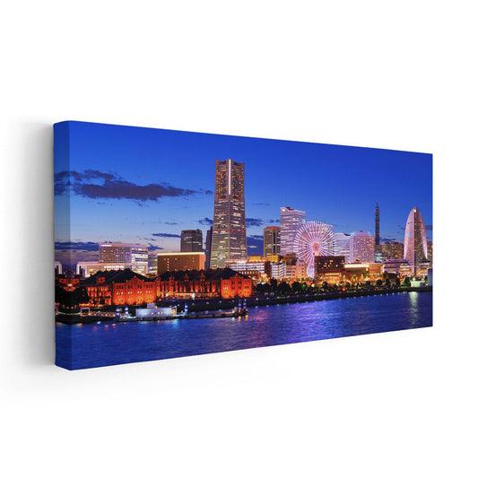 Modern cityscape of Yokohama — contemporary canvas wall art with blue and gold palette, perfect accent for elegant interiors.