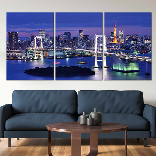 Yokohama skyline at dusk — large canvas wall art for living room, glowing lights reflect on the harbor creating a calming scene.