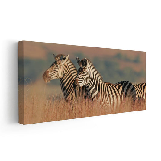 Affectionate zebra pair in warm tones — large canvas wall art ideal for bedroom décor, bringing a calming and intimate safari atmosphere.