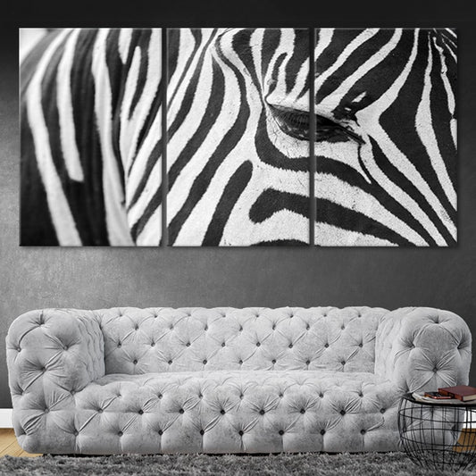 African zebra stripes — modern canvas wall art in black and white, perfect for minimalist living room or contemporary home décor.