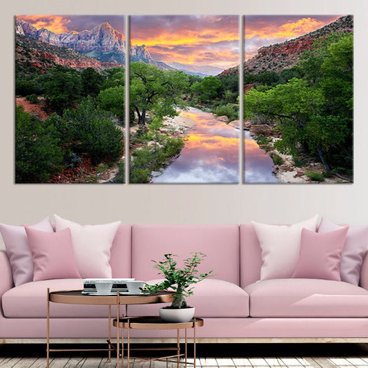 Sunset canyon river — Large canvas art in warm pink and orange tones uplifting bedroom décor with a serene twilight atmosphere and calm reflections