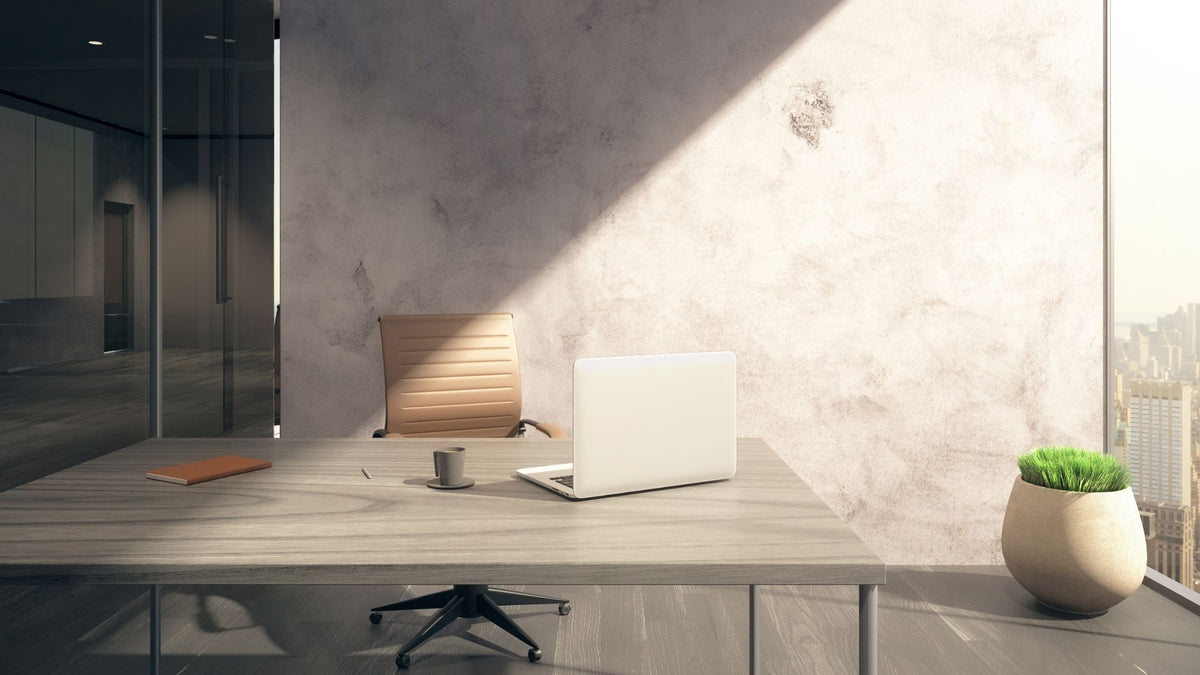 A dull office space with no wall decor and bland colors. 
