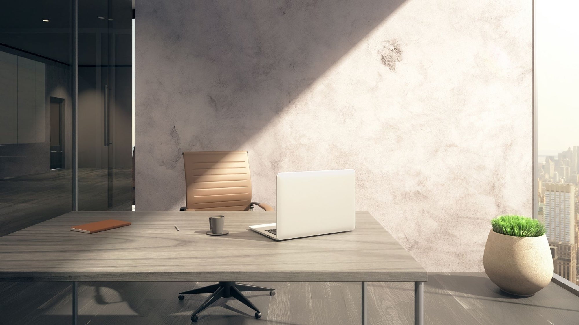 A dull office space with no wall decor and bland colors. 