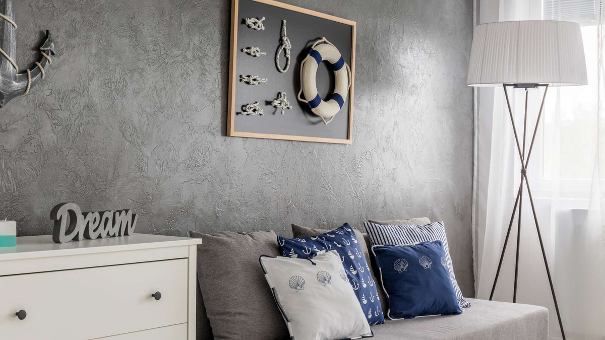 Gray room with some blue ocean decor